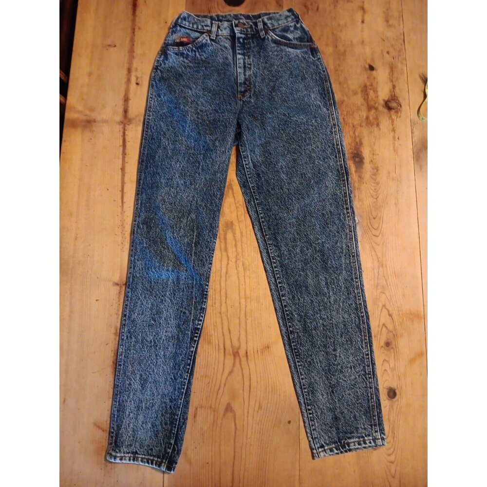 Vintage Lee High Rise Mom Jeans 80s Juniors 7 Dark Blue Stone Wash Tapered Leg - Picture 3 of 6